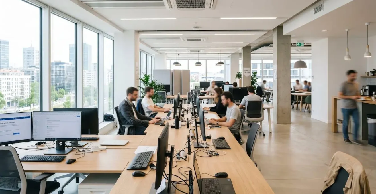 Vue grand angle d'un bureau contemporain français lumineux avec grandes fenêtres, espaces de travail épurés et ordinateurs, lumière naturelle abondante, style architectural moderne 2026