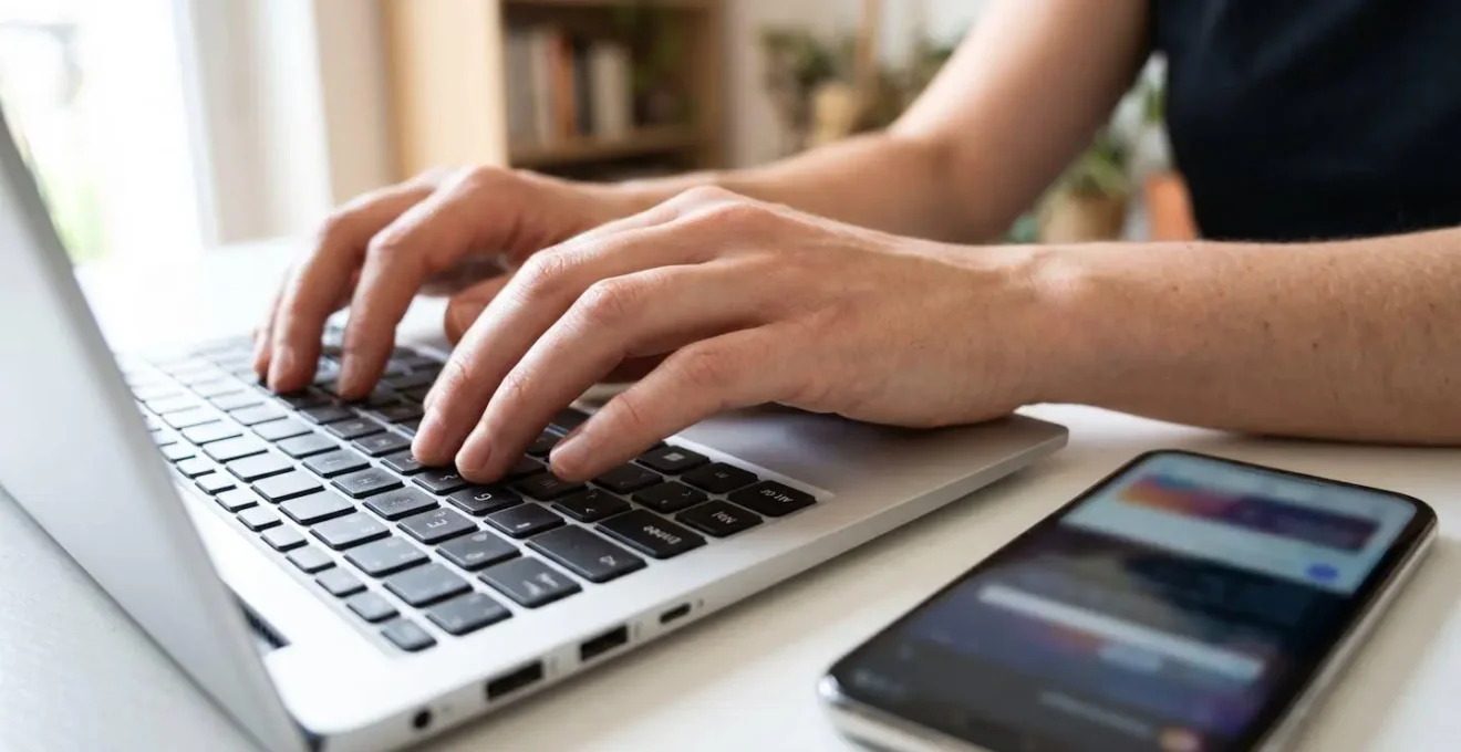 Gros plan rapproché sur des mains tapant sur un clavier d'ordinateur portable moderne avec un smartphone posé à côté montrant une interface de recherche totalement floue, sur un bureau blanc épuré