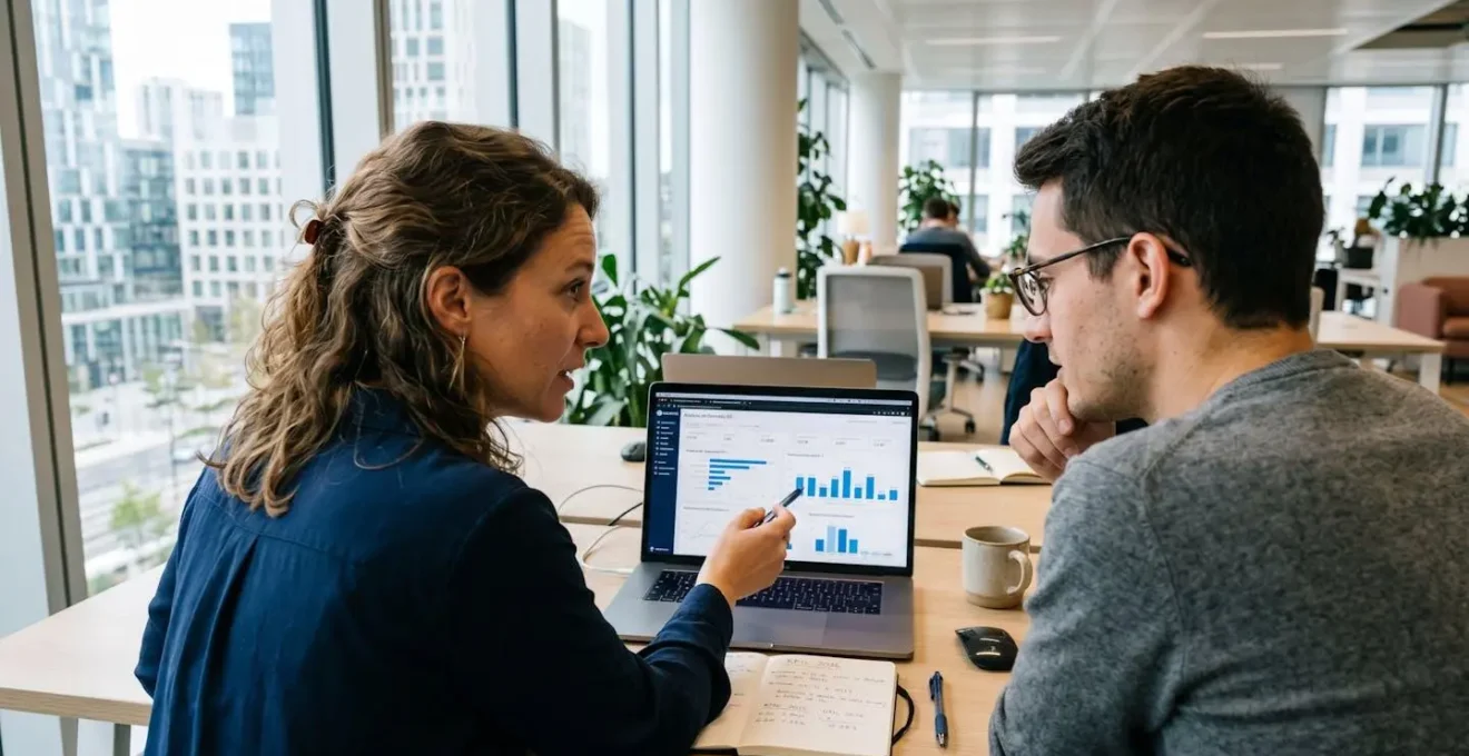 Deux professionnels dans un bureau lumineux et contemporain analysent des données sur un écran d'ordinateur portable, vus de trois-quarts arrière en pleine discussion collaborative