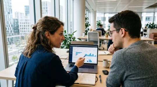 Deux professionnels dans un bureau lumineux et contemporain analysent des données sur un écran d'ordinateur portable, vus de trois-quarts arrière en pleine discussion collaborative