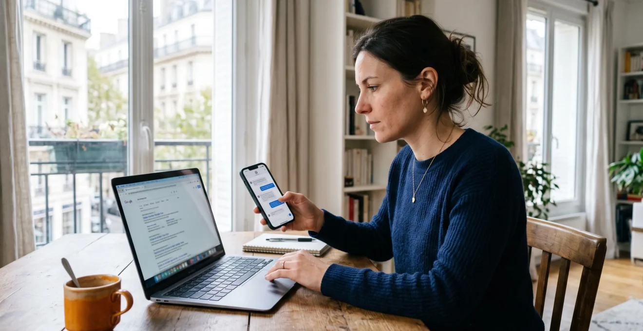 Une femme assise à une table compare un écran d'ordinateur portable affichant un moteur de recherche et un smartphone affichant un assistant conversationnel.
