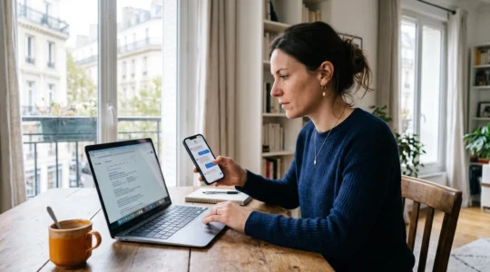 Une femme assise à une table compare un écran d'ordinateur portable affichant un moteur de recherche et un smartphone affichant un assistant conversationnel.