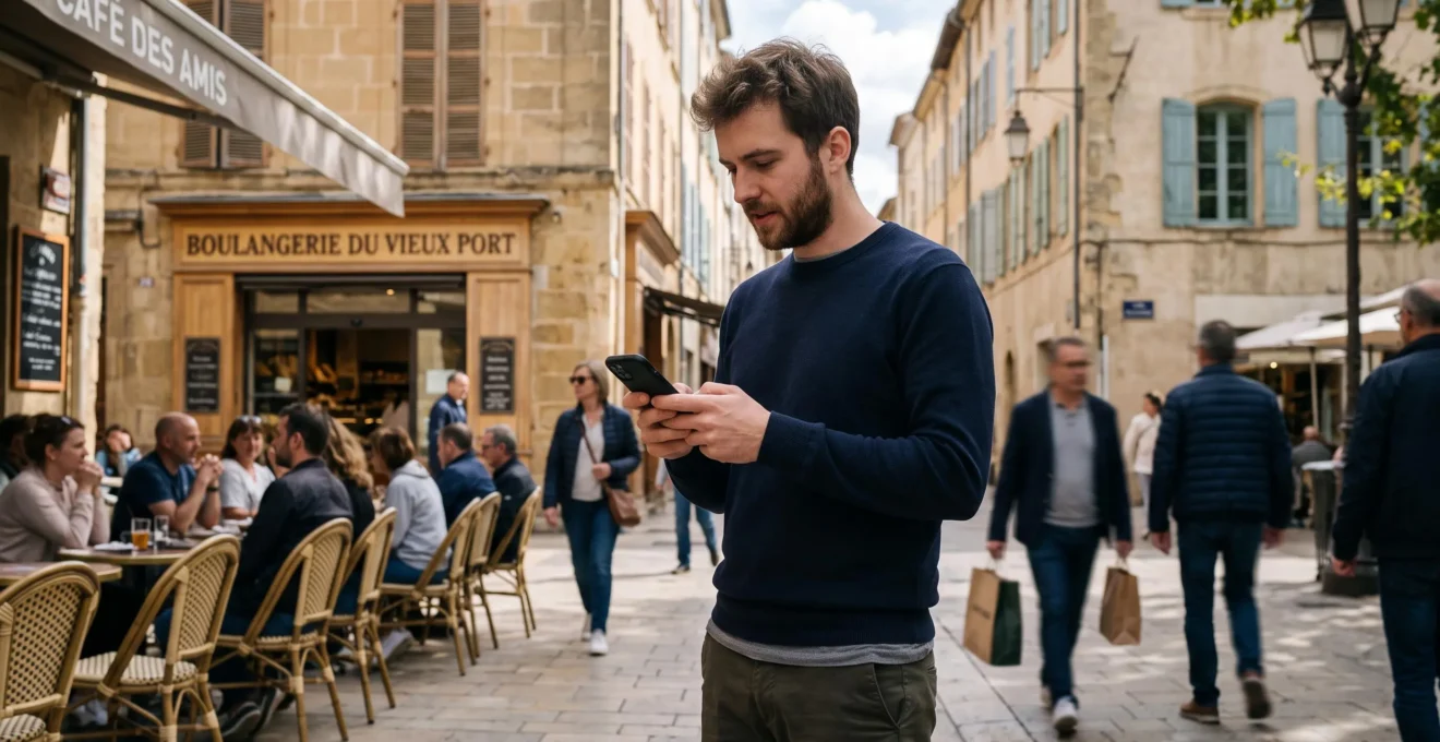 Un jeune homme debout sur un trottoir de rue française utilise un assistant IA sur son smartphone.