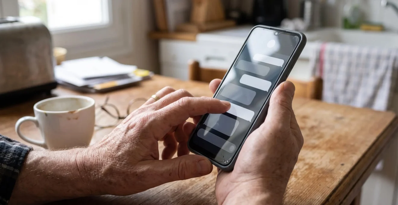Gros plan sur les mains d'un homme d'âge mûr utilisant un assistant conversationnel IA sur son smartphone dans une cuisine.