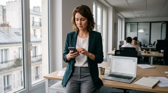 Une professionnelle du marketing digital en bureau français utilise un assistant conversationnel IA sur son smartphone à côté d'un ordinateur portable affichant une page de résultats de recherche.